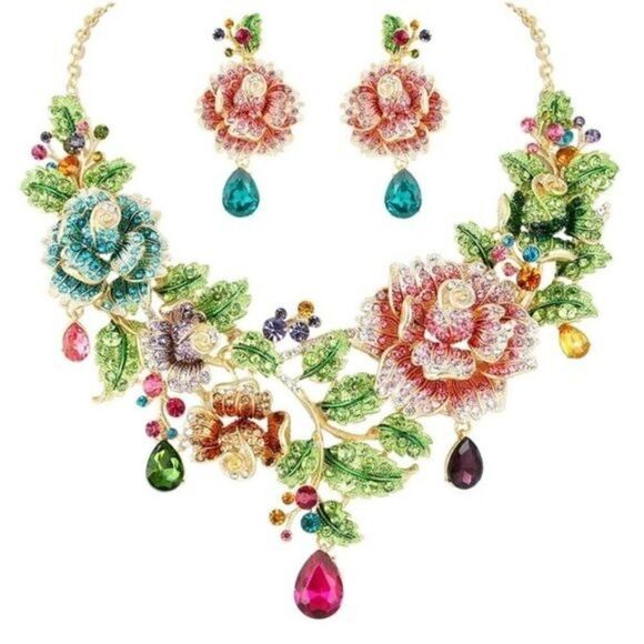 Yellow Gold with Austrian Crystal Rose Flower Bib Necklace and Earrings Set - Picture 1 of 7